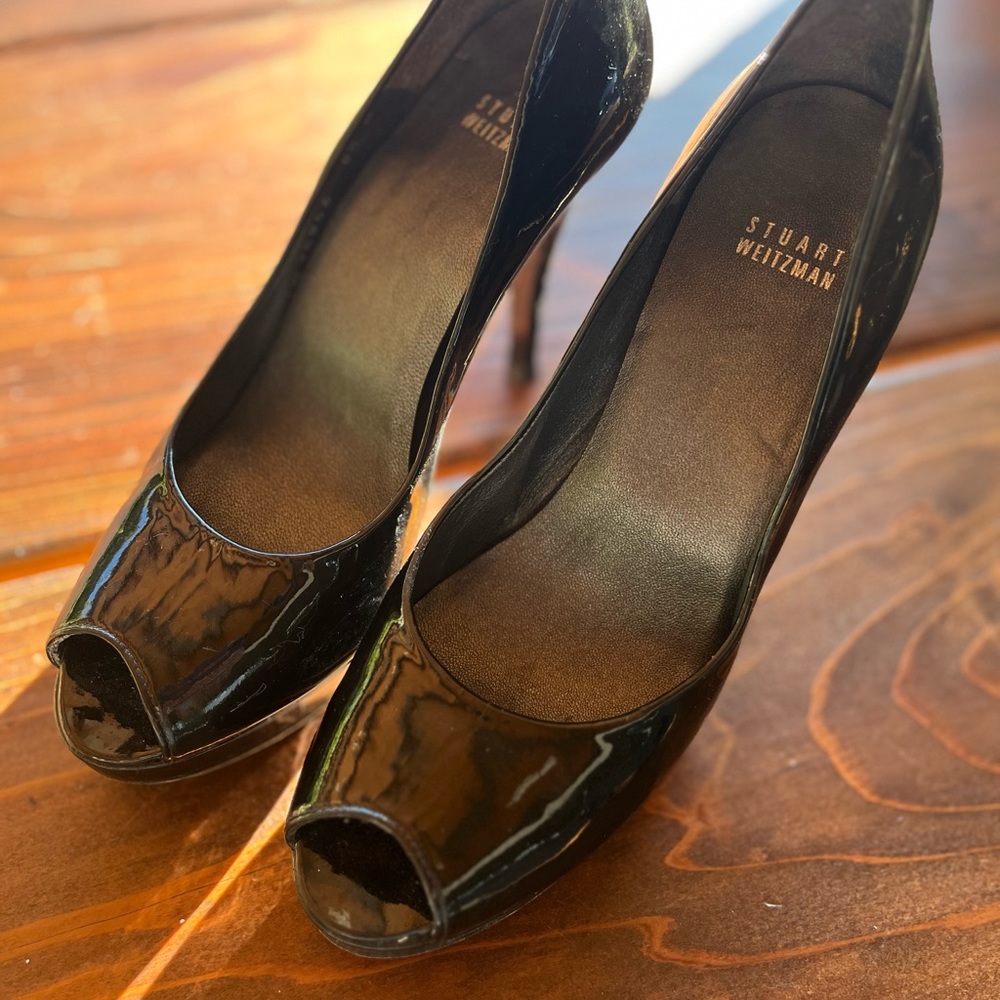 Stuart Weitzman , Black  Patent Leather Heels Size 8.5., Peep Toes, 4 Inch Heels